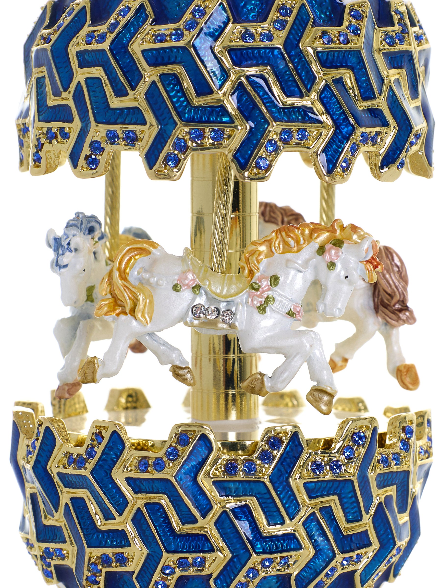 Blaues Faberge-Ei mit Pferdekarussell zum Aufziehen