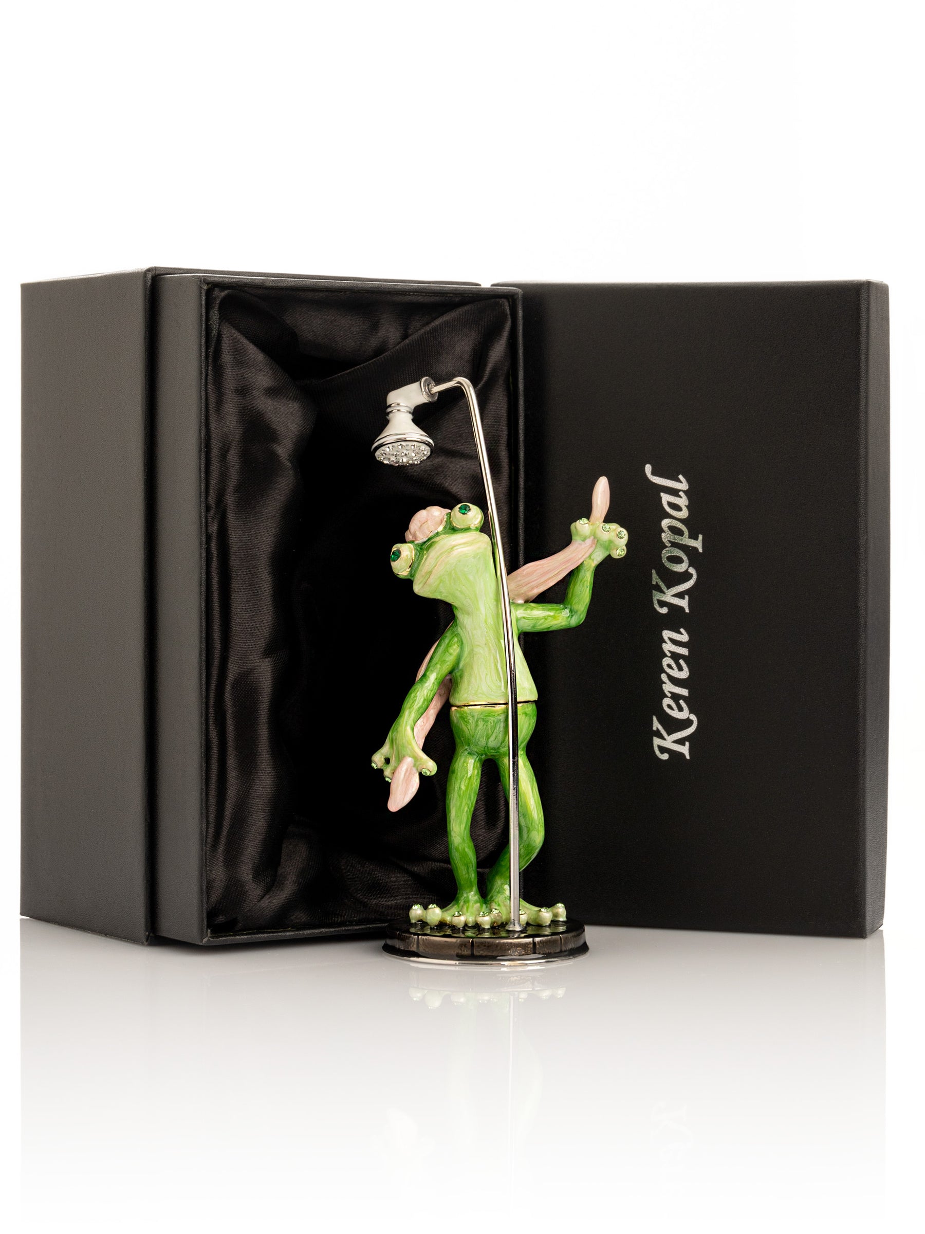 Frog Taking a Shower Trinket Box with Pink Towel