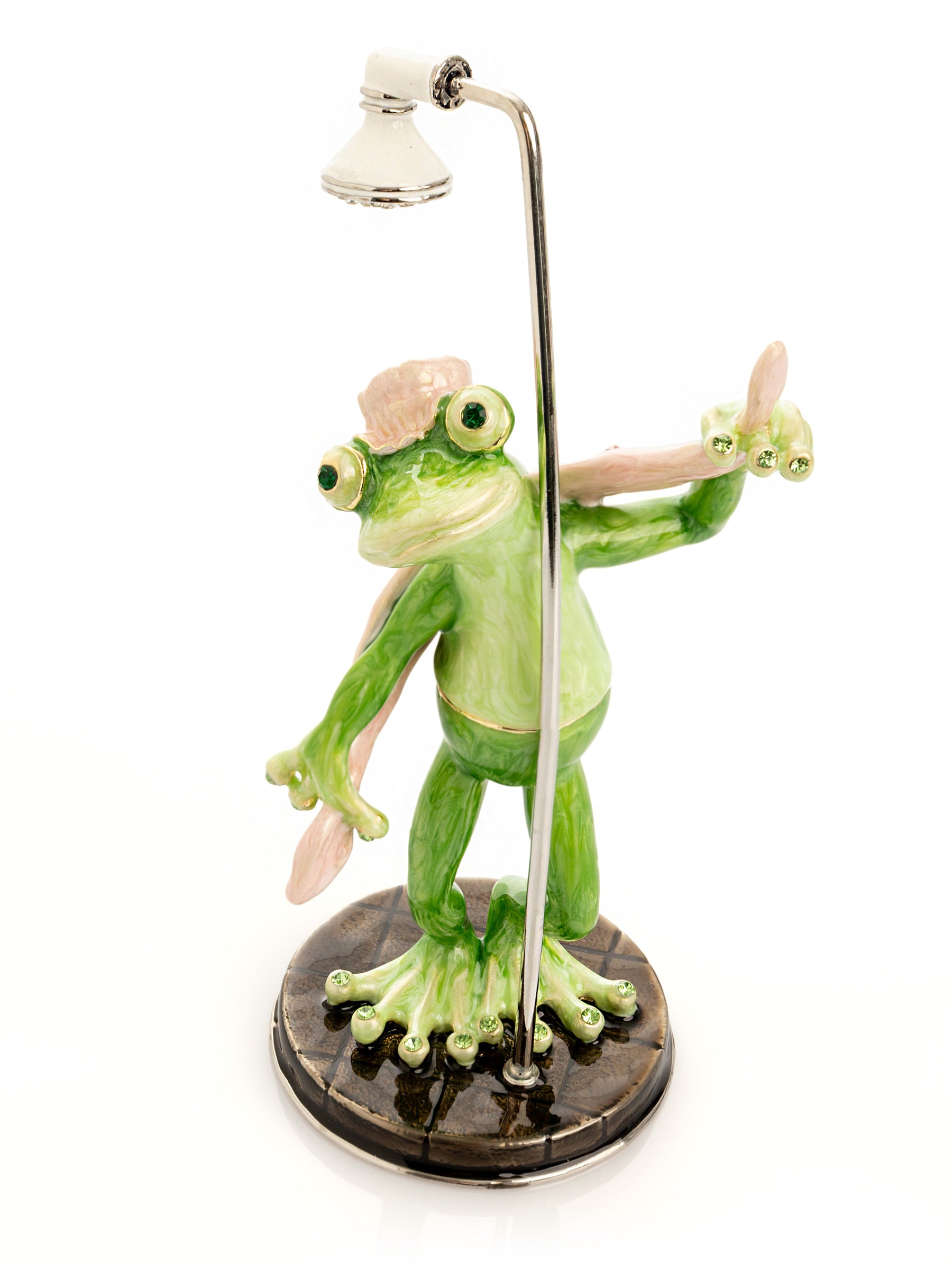 Frog Taking a Shower Trinket Box with Pink Towel