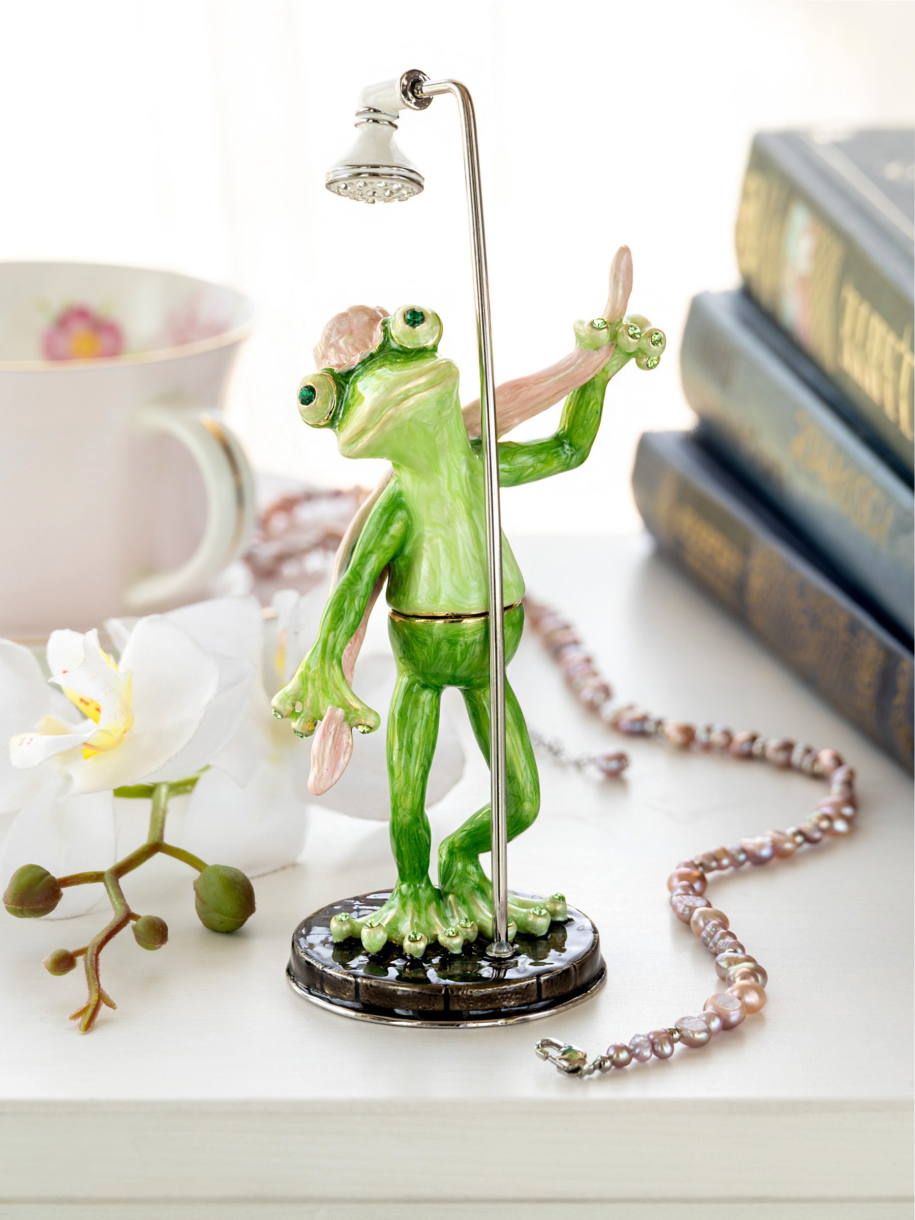 Frog Taking a Shower Trinket Box with Pink Towel