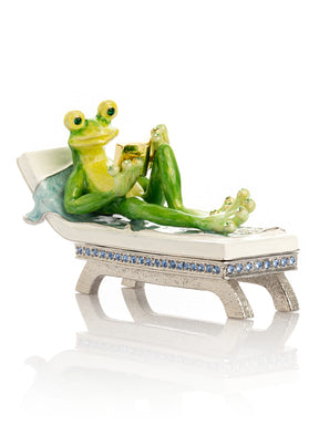 Relaxing Frog Reading a book on Sun Lounger Trinket Box