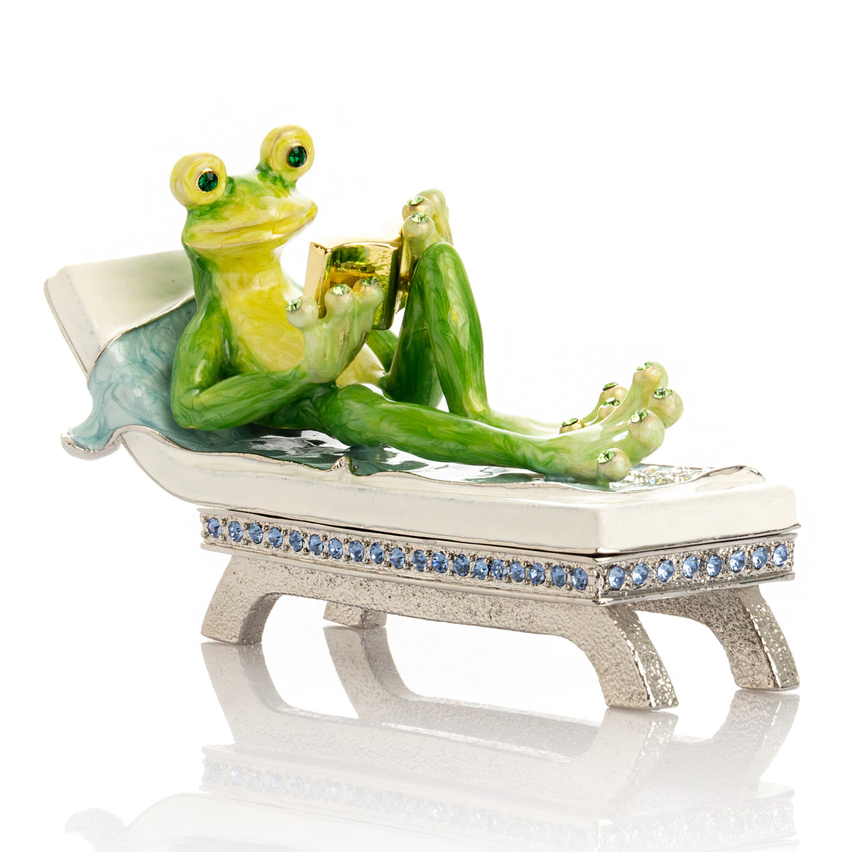 Relaxing Frog Reading a book on Sun Lounger Trinket Box