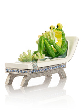 Relaxing Frog Reading a book on Sun Lounger Trinket Box