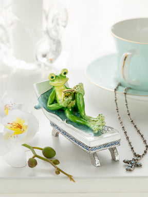 Relaxing Frog Reading a book on Sun Lounger Trinket Box