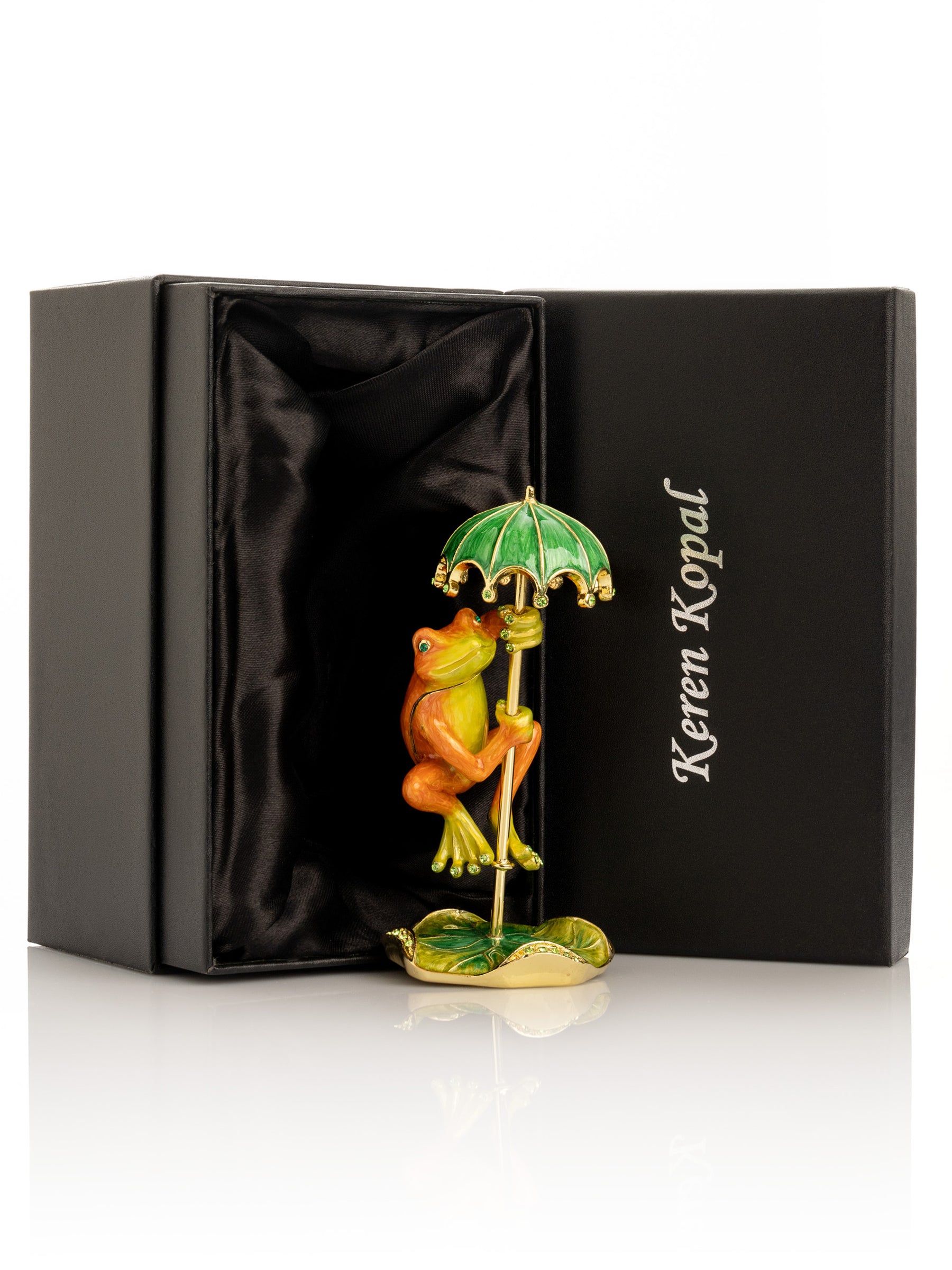 Rainy Day Orange Frog with Umbrella Trinket Box