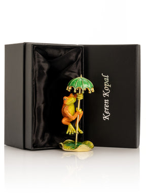 Rainy Day Orange Frog with Umbrella Trinket Box