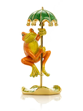 Keren Kopal Rainy Day Orange Frog with Umbrella Trinket Box