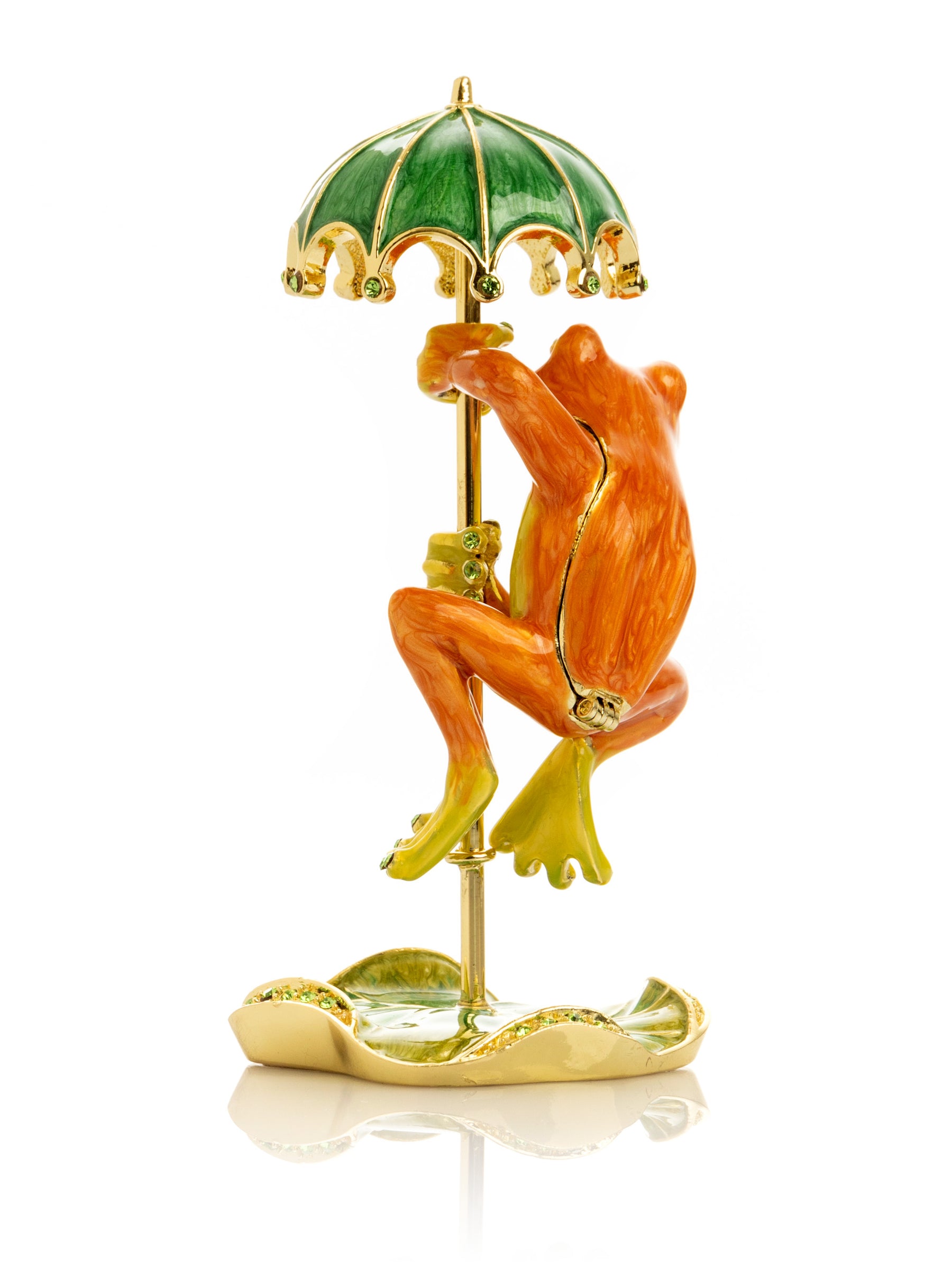 Rainy Day Orange Frog with Umbrella Trinket Box