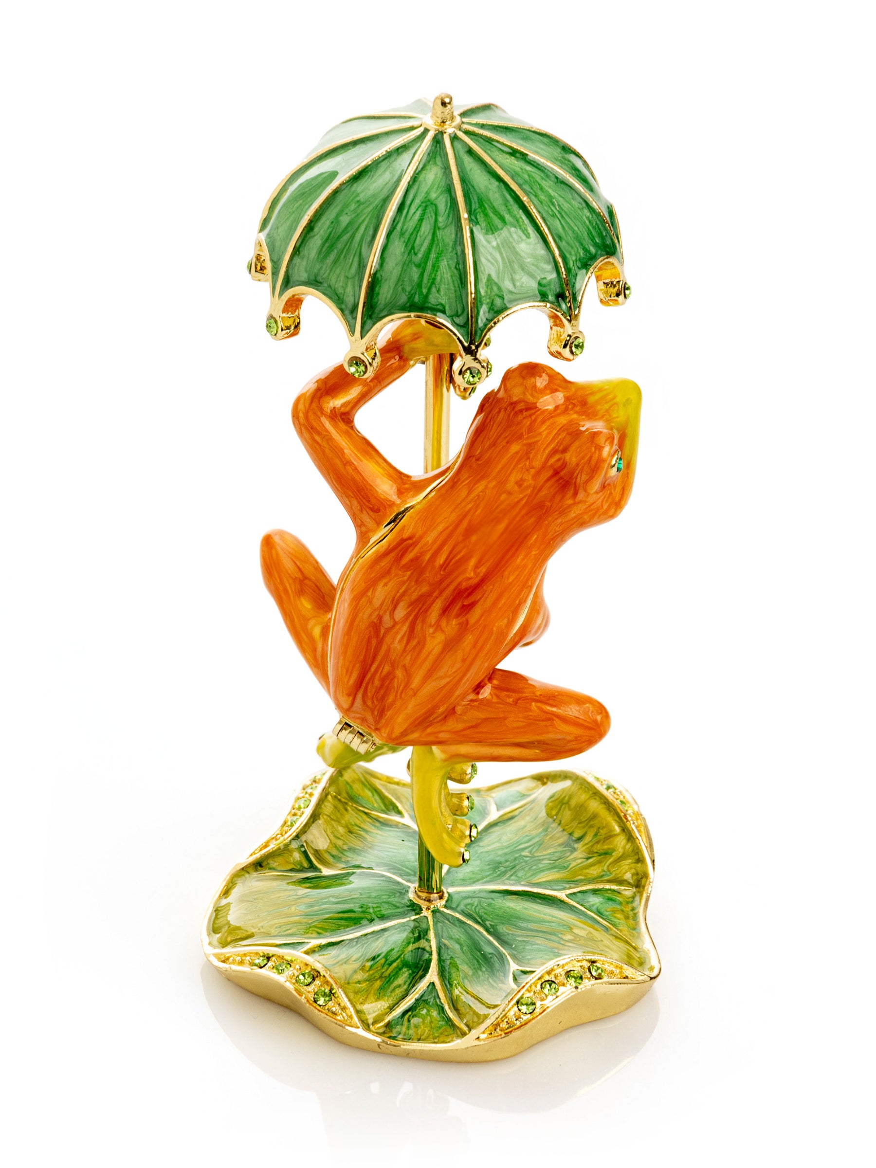 Rainy Day Orange Frog with Umbrella Trinket Box