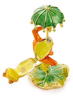 Rainy Day Orange Frog with Umbrella Trinket Box