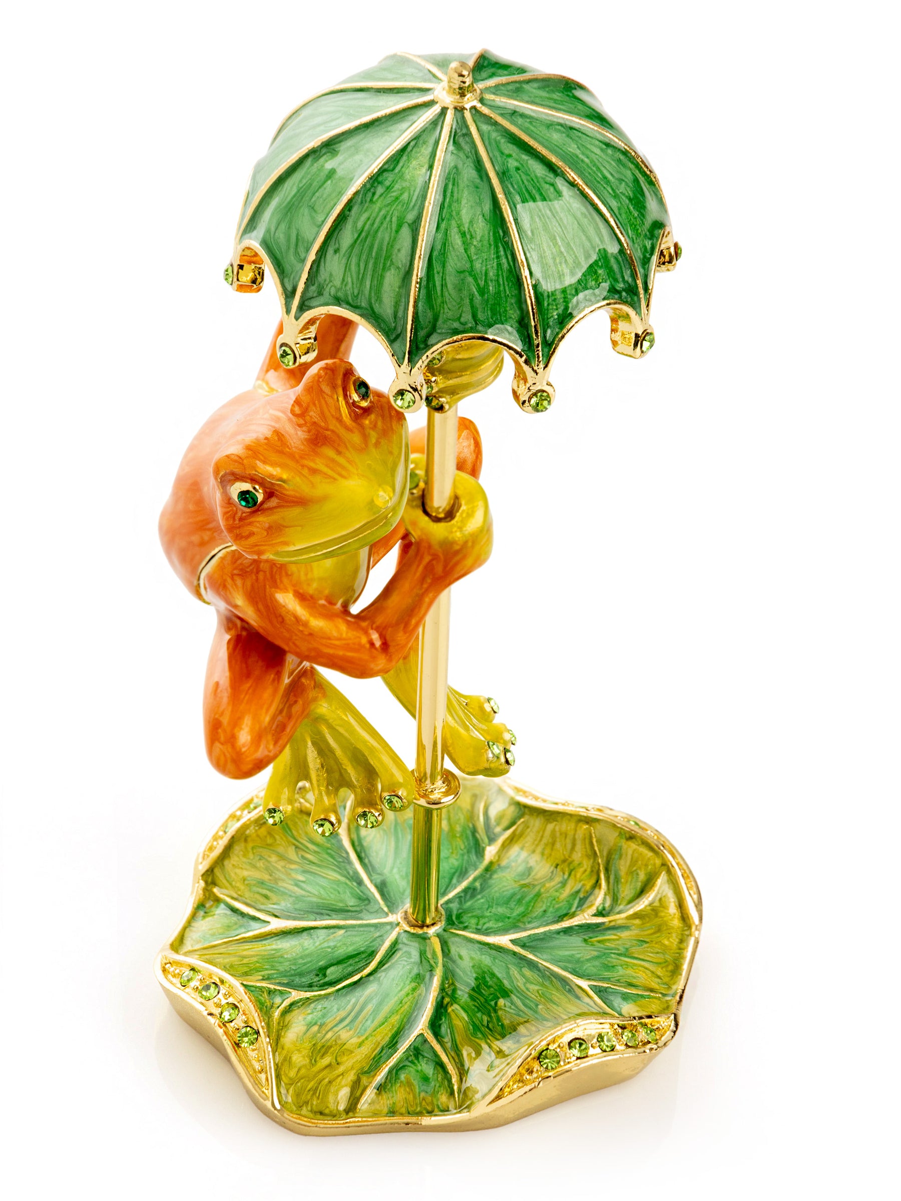 Rainy Day Orange Frog with Umbrella Trinket Box