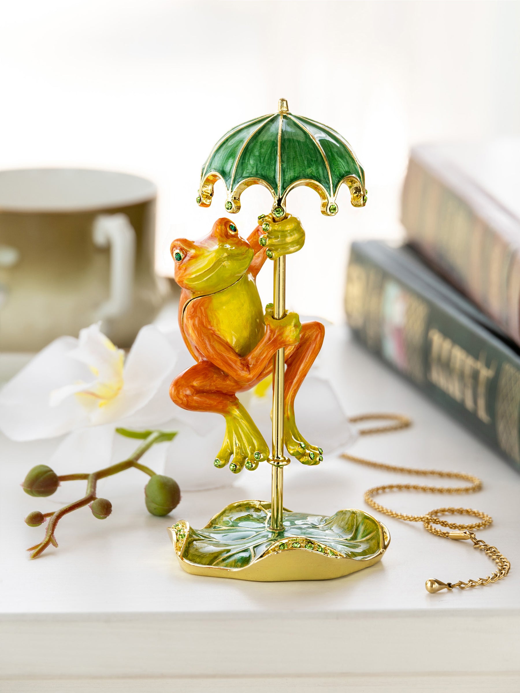 Rainy Day Orange Frog with Umbrella Trinket Box