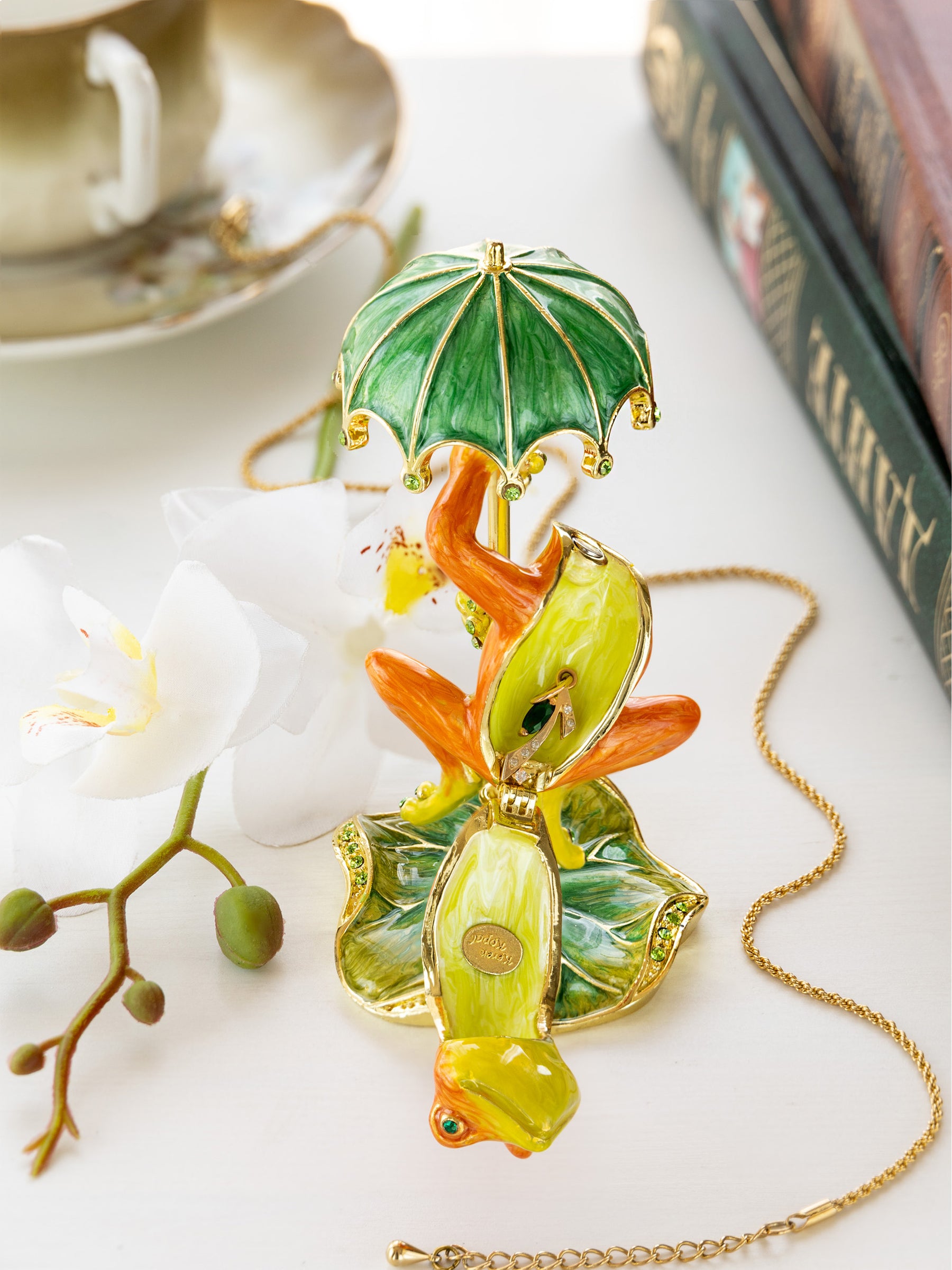 Rainy Day Orange Frog with Umbrella Trinket Box