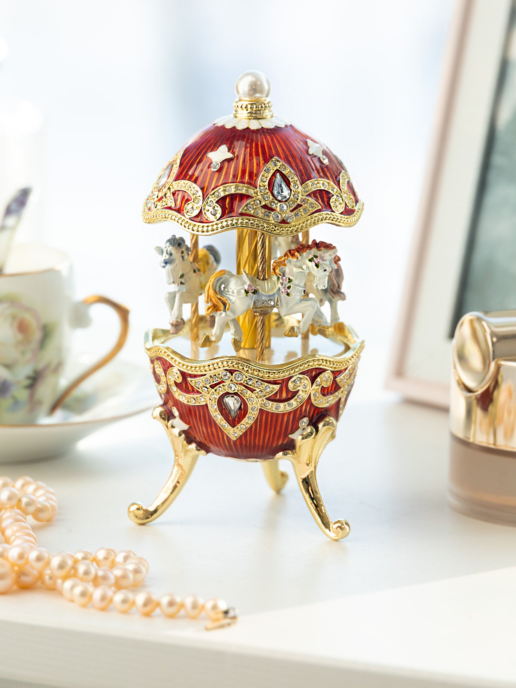 Red Wind up Horse Carousel Faberge Style Egg