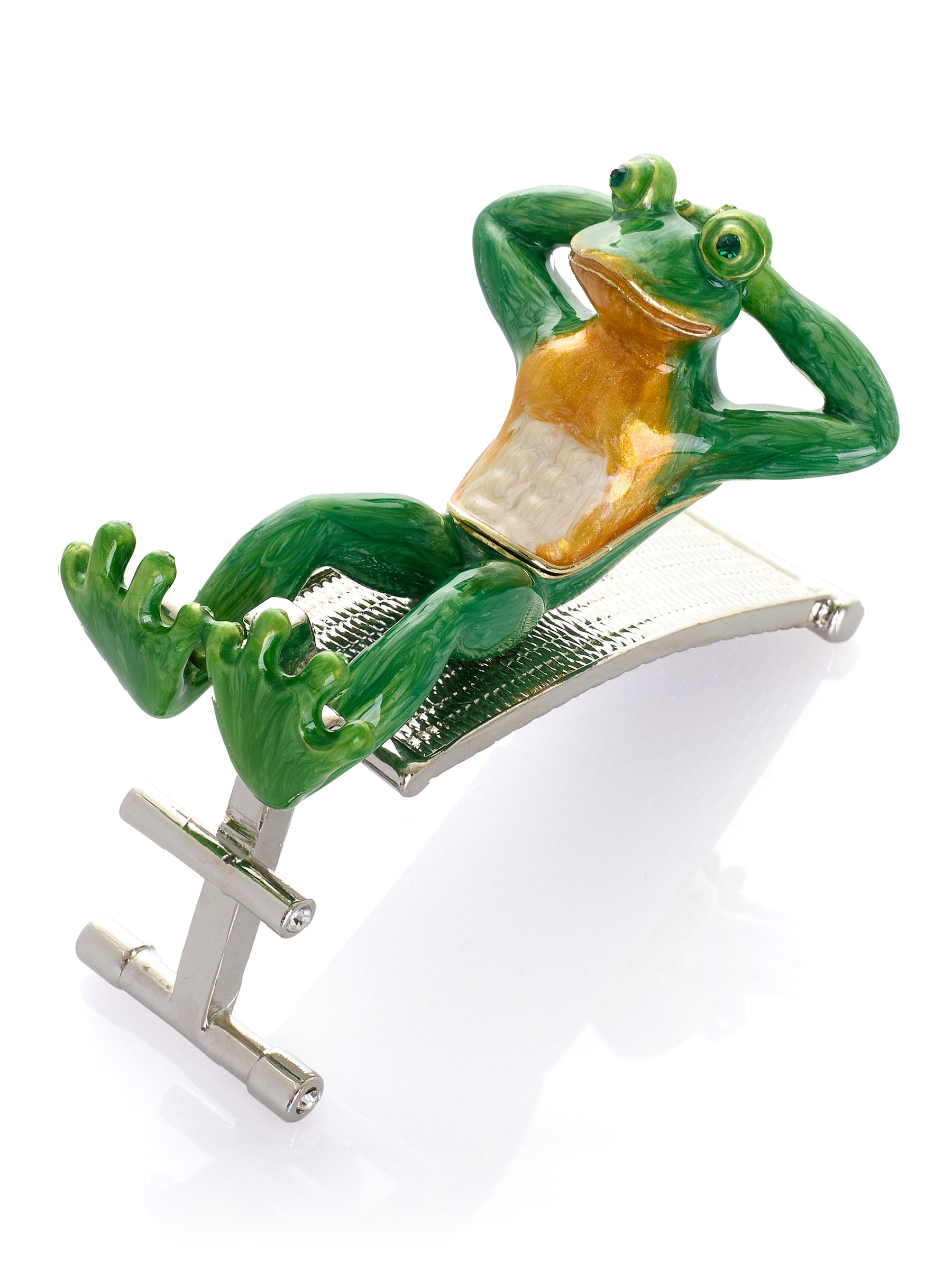 Keren Kopal Grüner Frosch beim Training auf der Bank Schmuckkästchen
