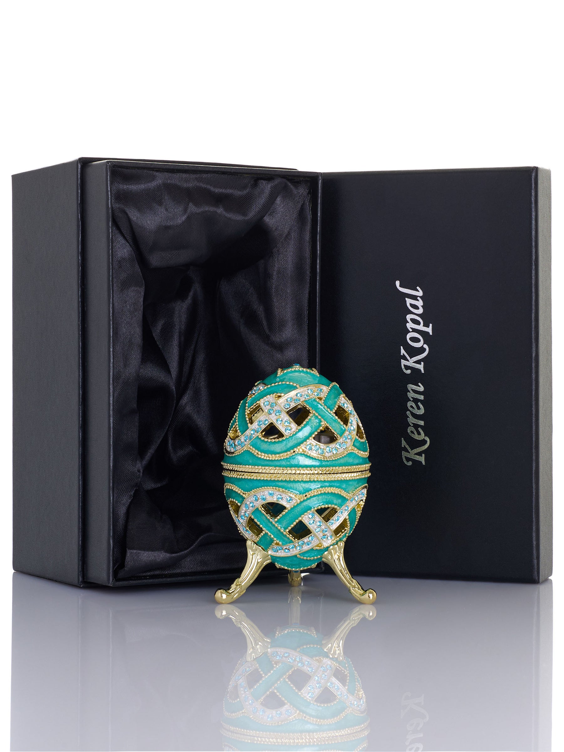 Turquoise Woven Lattice Egg Musical Trinket Box - Swan Lake by Tchaikovsky