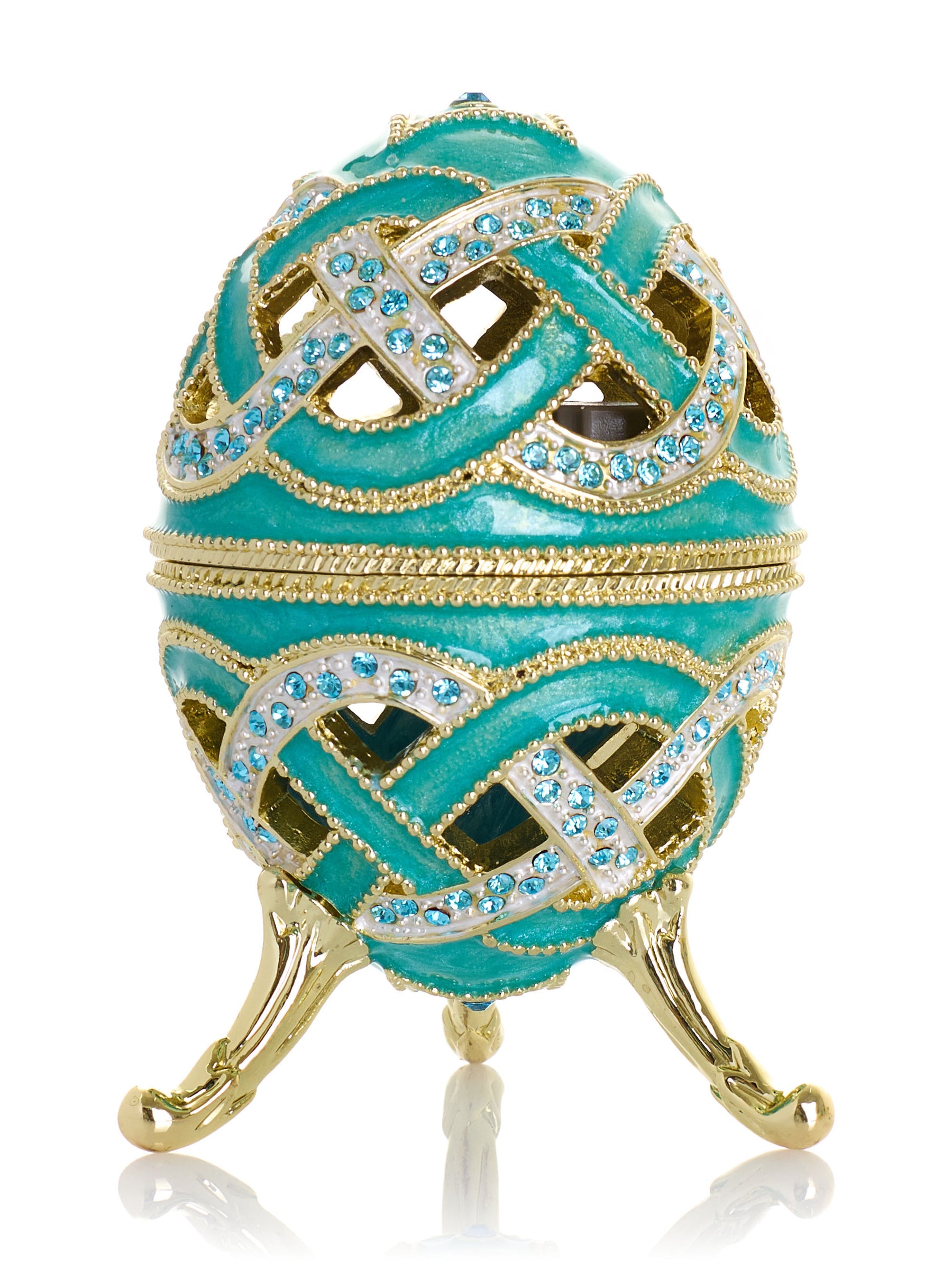 Turquoise Woven Lattice Egg Musical Trinket Box - Swan Lake by Tchaikovsky