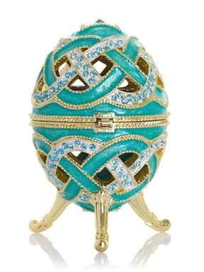 Turquoise Woven Lattice Egg Musical Trinket Box - Swan Lake by Tchaikovsky