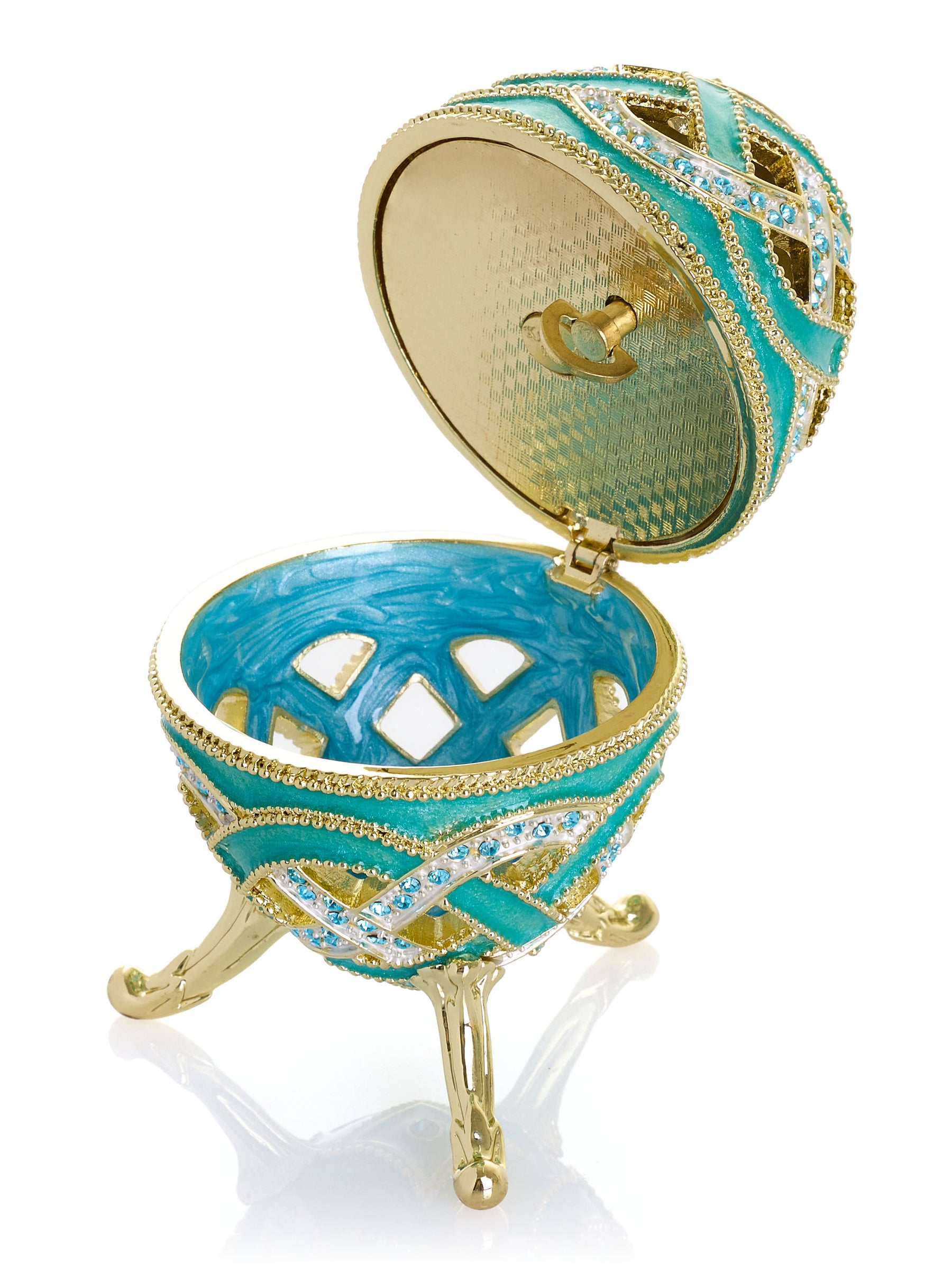 Turquoise Woven Lattice Egg Musical Trinket Box - Swan Lake by Tchaikovsky