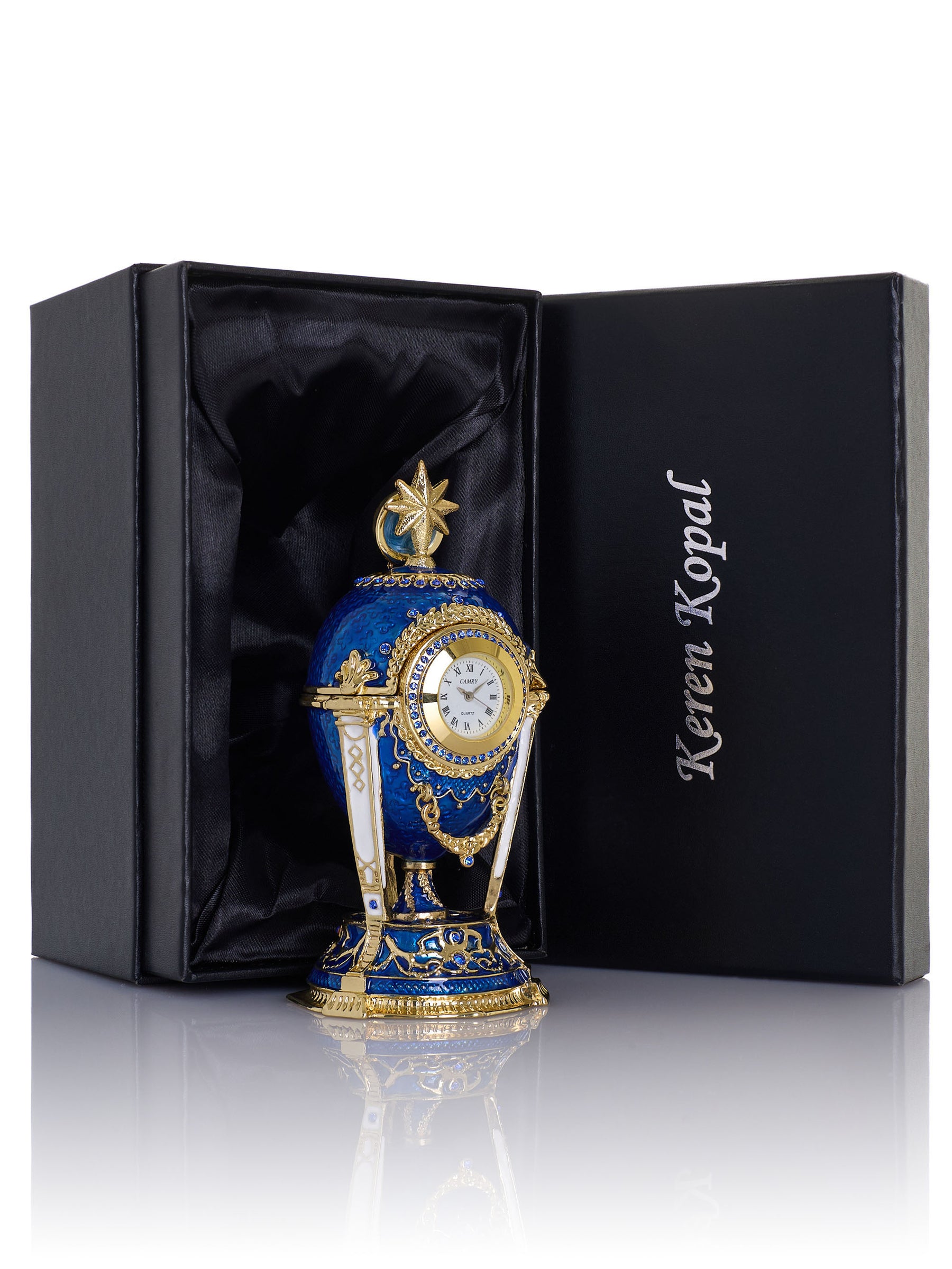 Royal Blue & Gold Clock Egg Trinket Box with Secret Compartment & Detachable Star