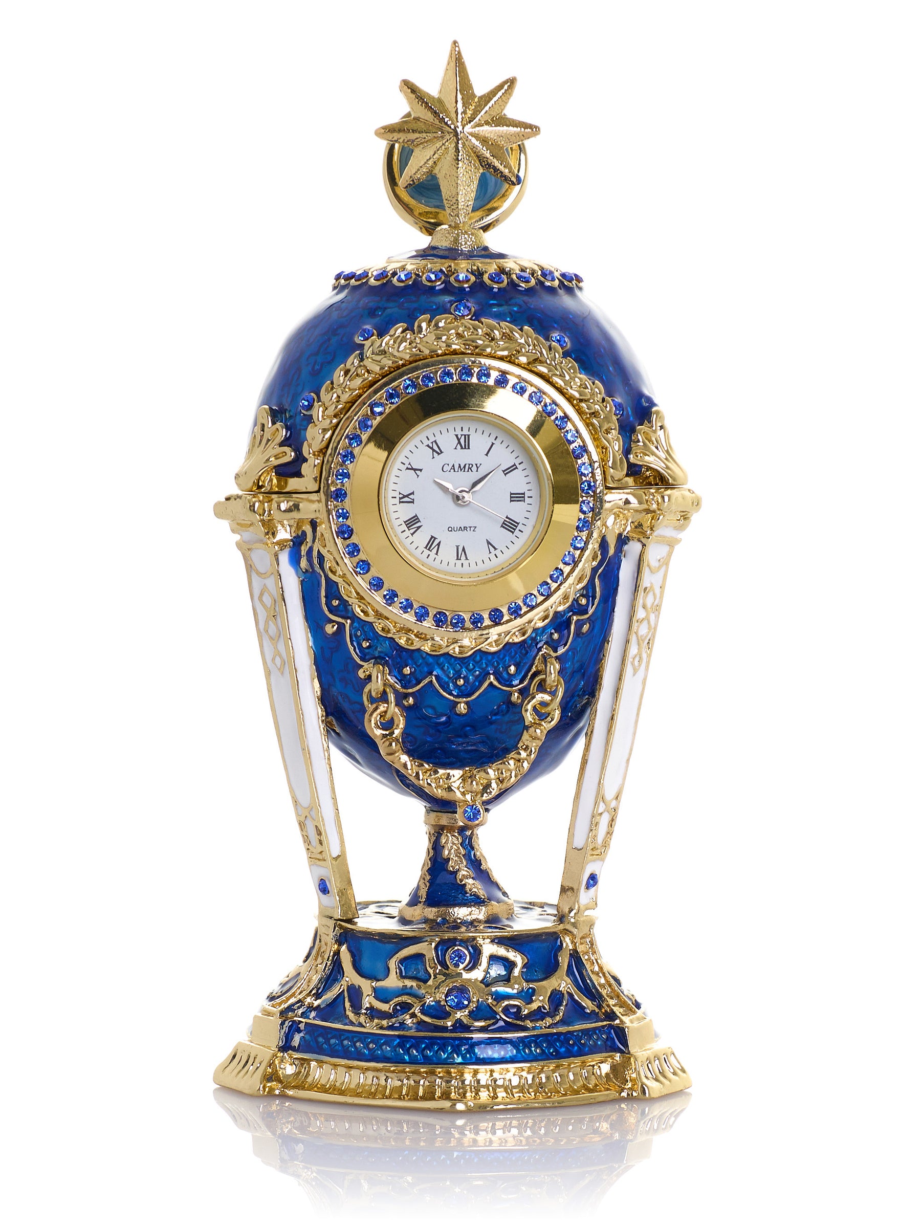 Royal Blue & Gold Clock Egg Trinket Box with Secret Compartment & Detachable Star