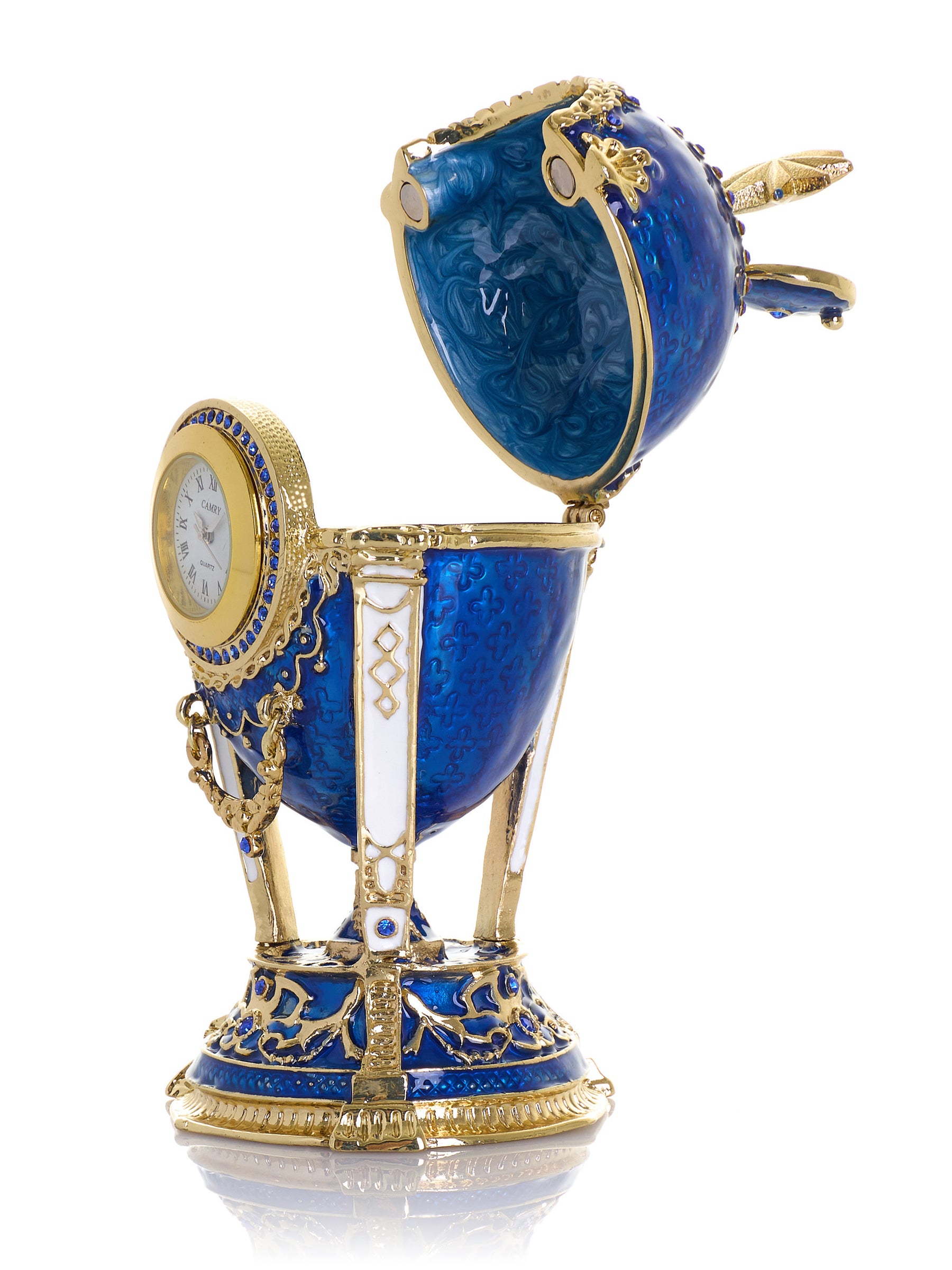 Royal Blue & Gold Clock Egg Trinket Box with Secret Compartment & Detachable Star