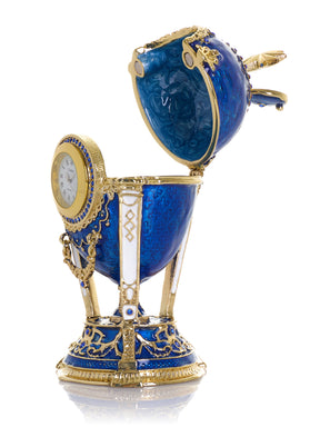 Royal Blue & Gold Clock Egg Trinket Box with Secret Compartment & Detachable Star