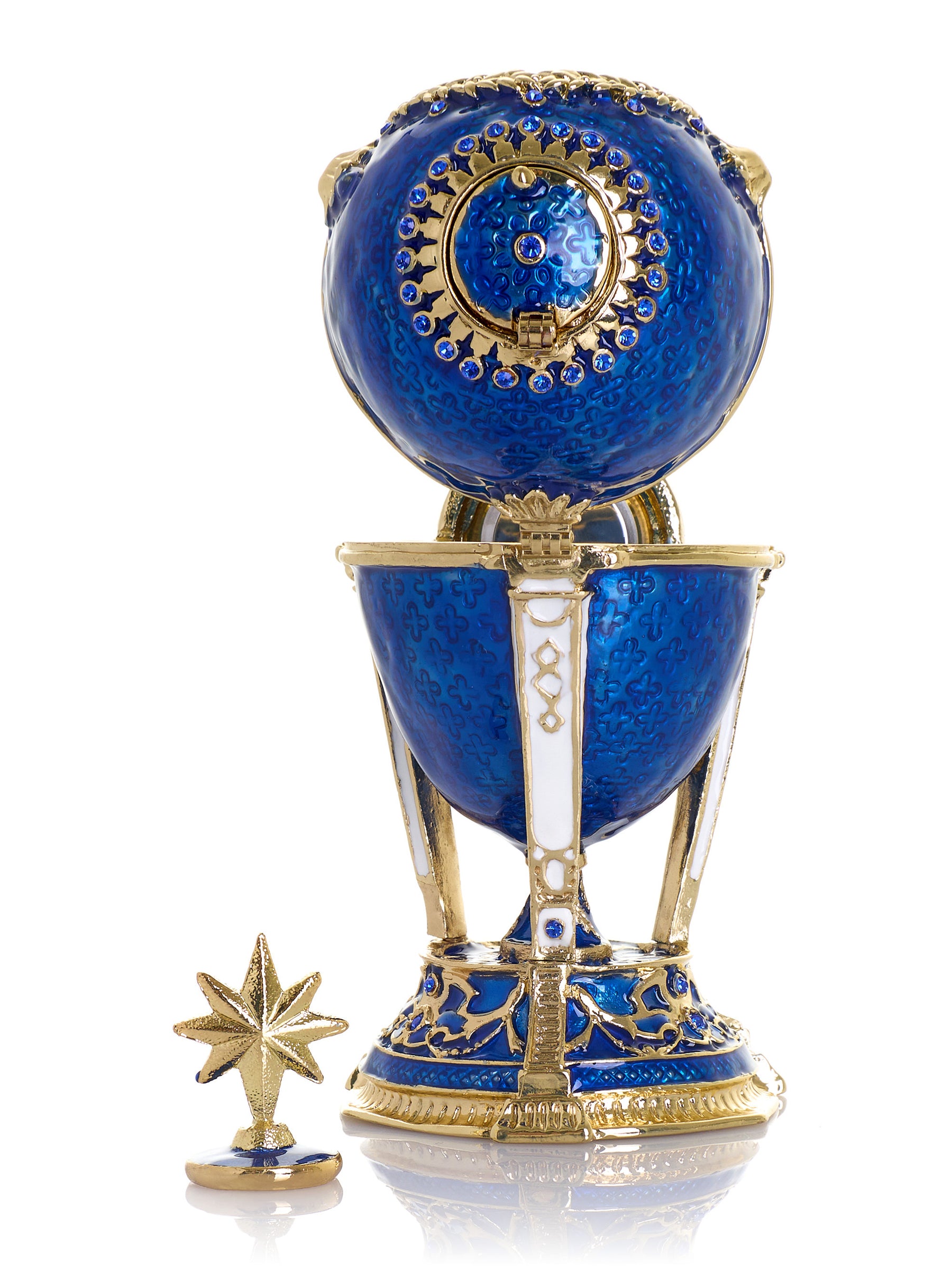 Royal Blue & Gold Clock Egg Trinket Box with Secret Compartment & Detachable Star