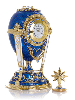 Royal Blue & Gold Clock Egg Trinket Box with Secret Compartment & Detachable Star