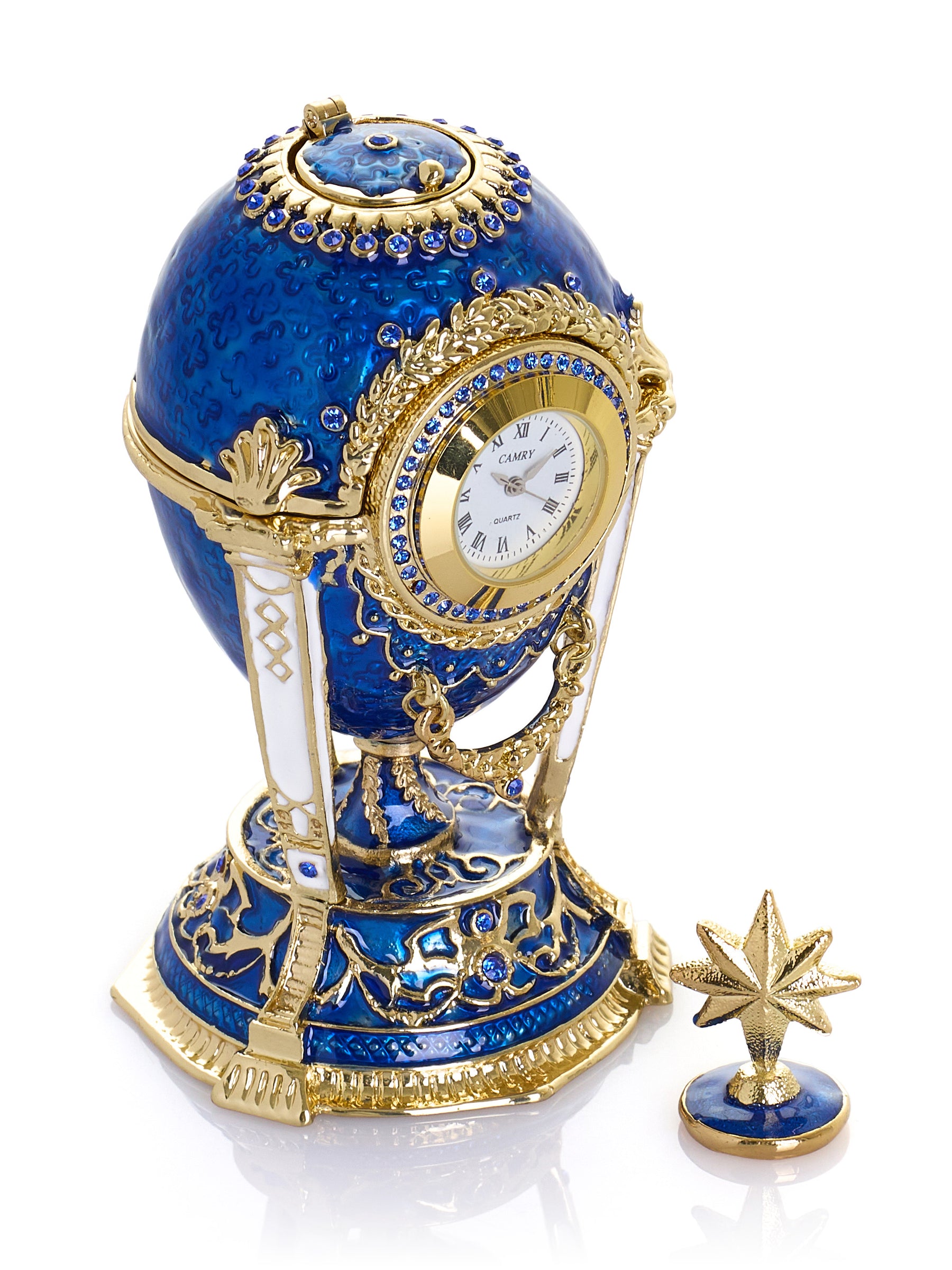 Royal Blue & Gold Clock Egg Trinket Box with Secret Compartment & Detachable Star