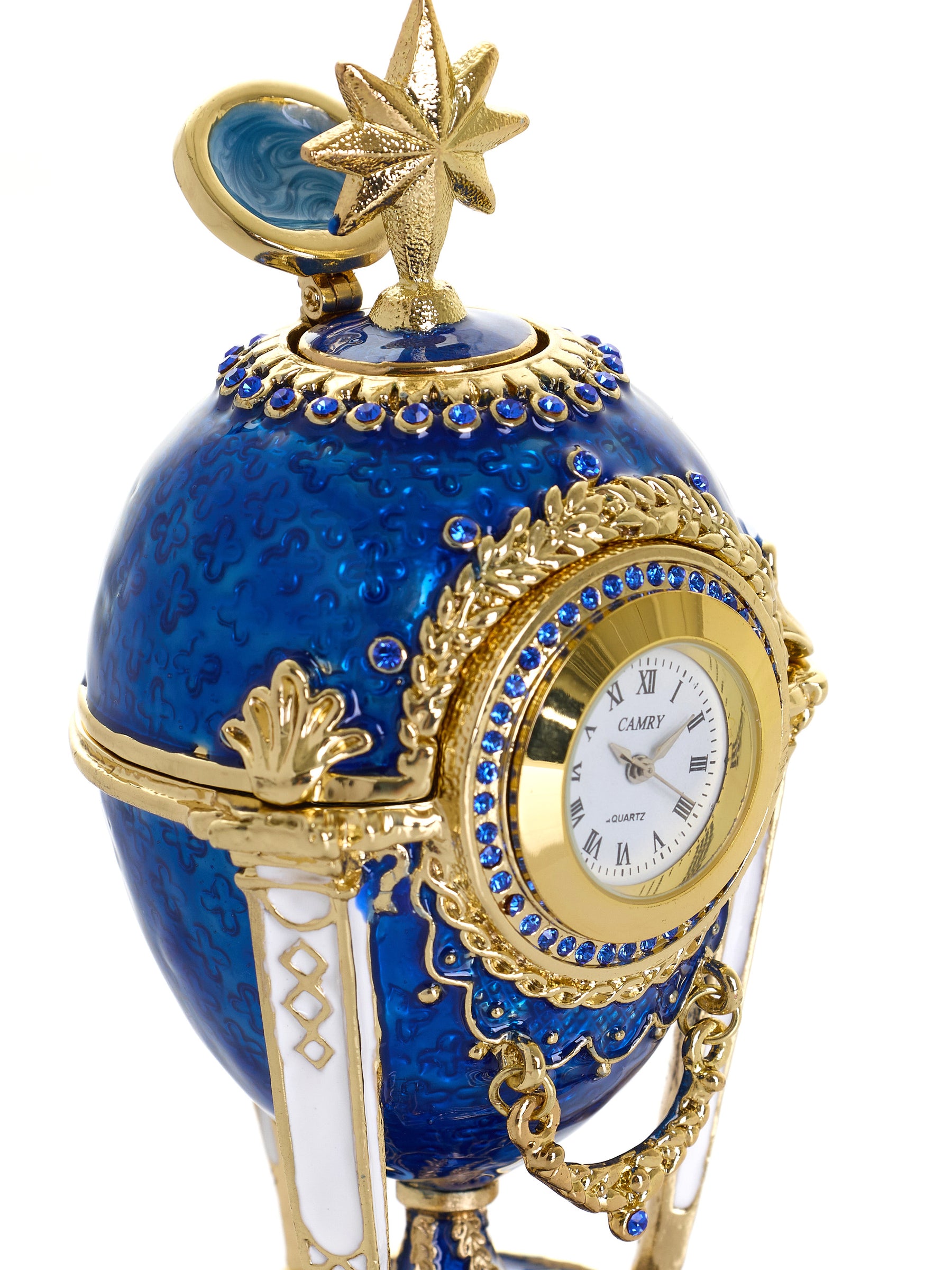Royal Blue & Gold Clock Egg Trinket Box with Secret Compartment & Detachable Star
