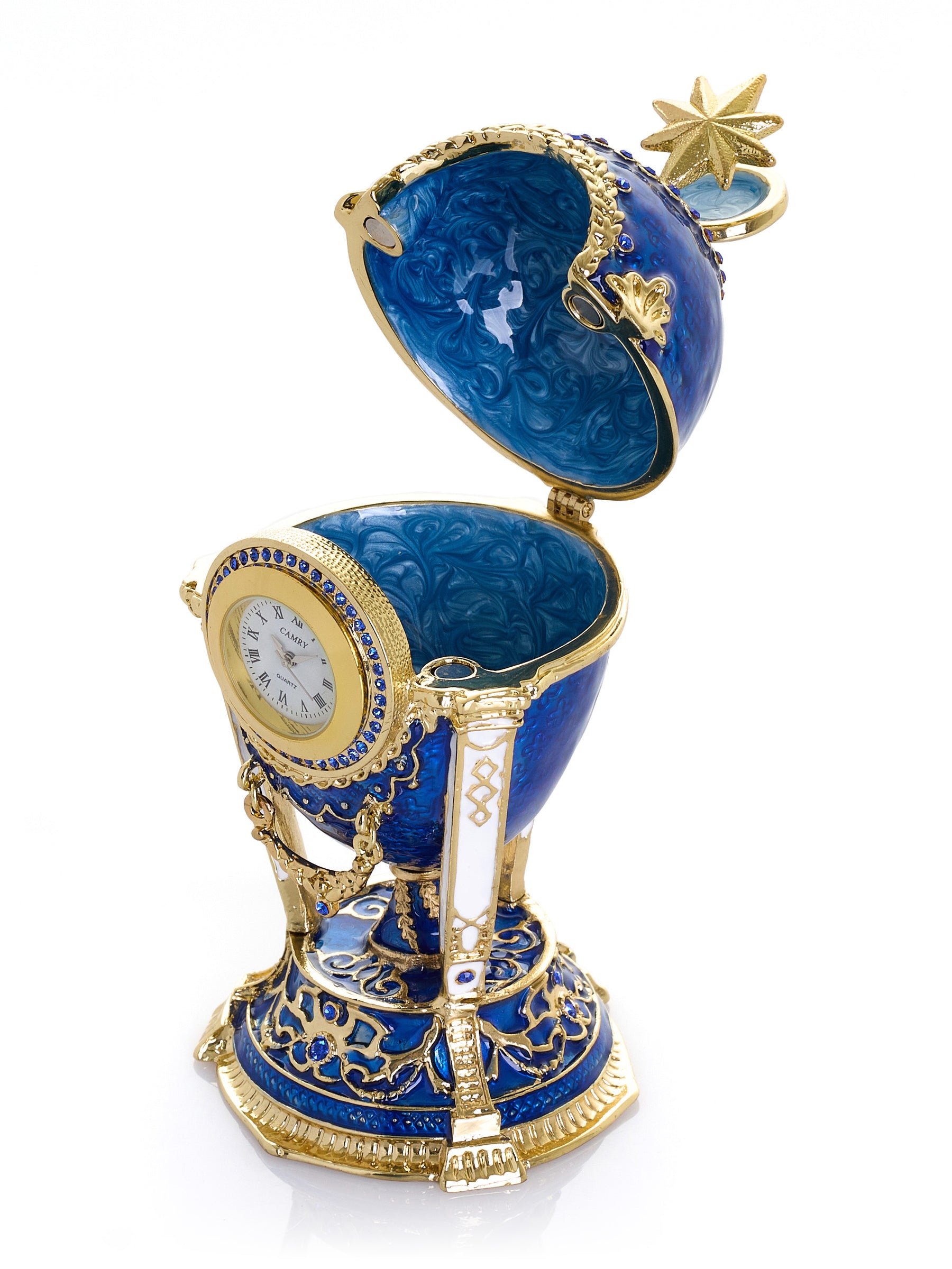 Royal Blue & Gold Clock Egg Trinket Box with Secret Compartment & Detachable Star