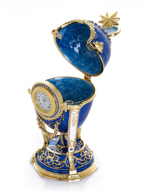 Royal Blue & Gold Clock Egg Trinket Box with Secret Compartment & Detachable Star