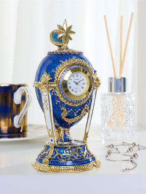 Royal Blue & Gold Clock Egg Trinket Box with Secret Compartment & Detachable Star