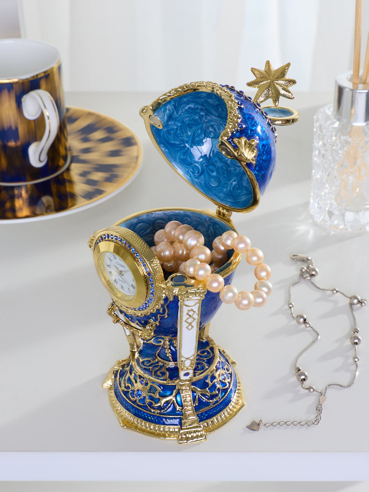 Keren Kopal Royal Blue & Gold Clock Egg Trinket Box with Secret Compartment & Detachable Star