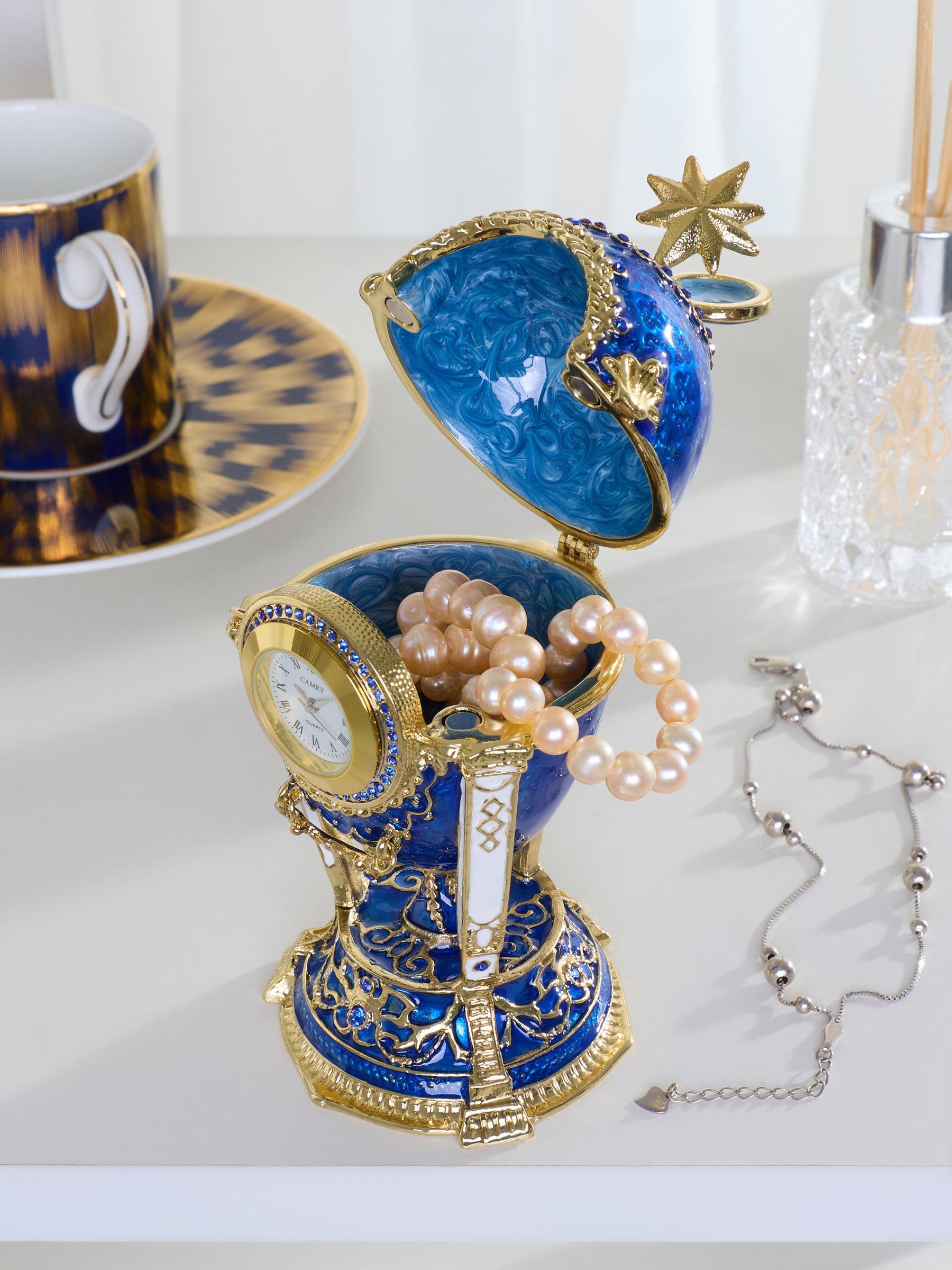 Royal Blue & Gold Clock Egg Trinket Box with Secret Compartment & Detachable Star