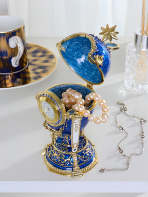 Royal Blue & Gold Clock Egg Trinket Box with Secret Compartment & Detachable Star