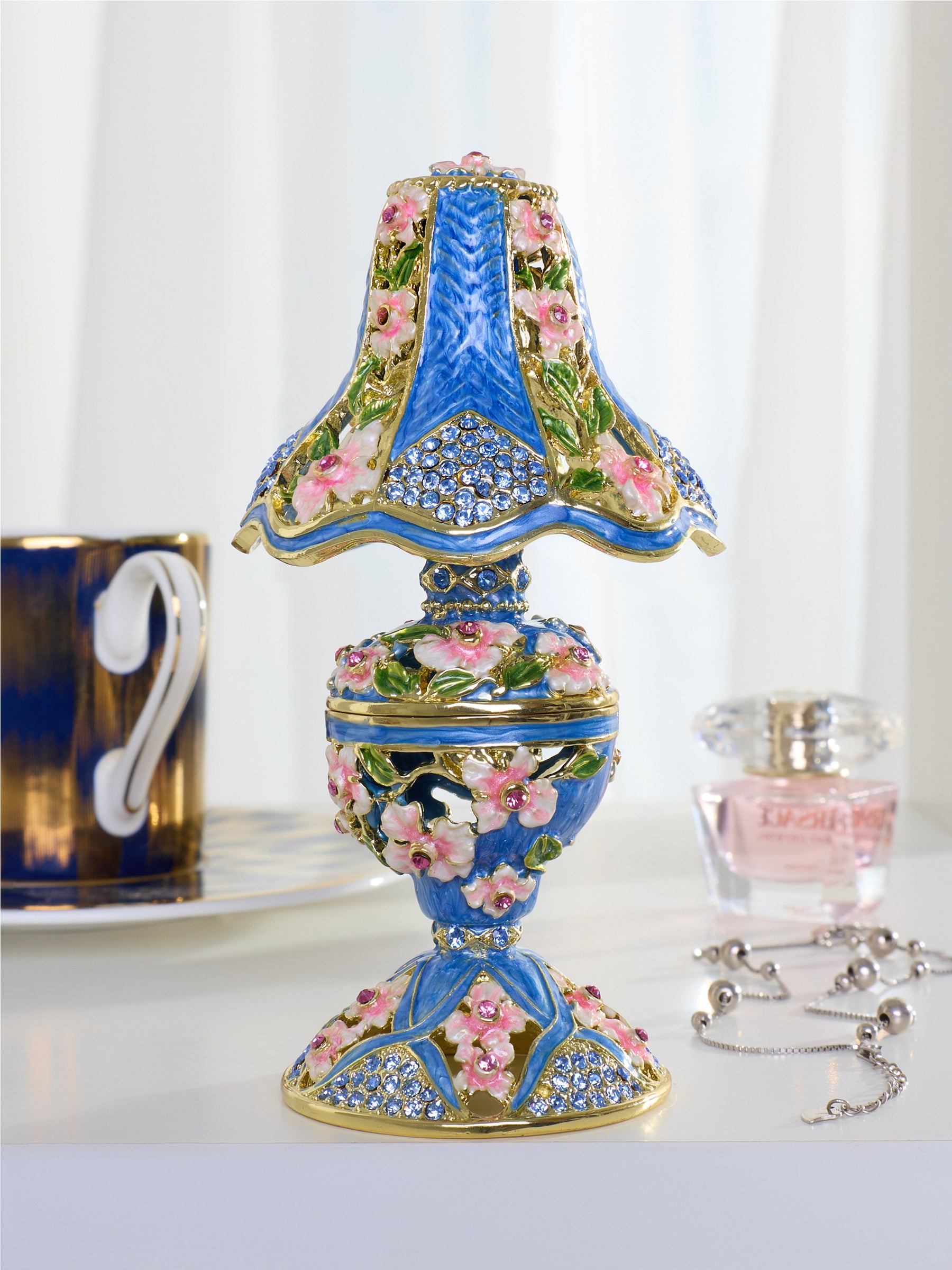 Royal Blue Classic Lamp Decorated with Pink Flowers