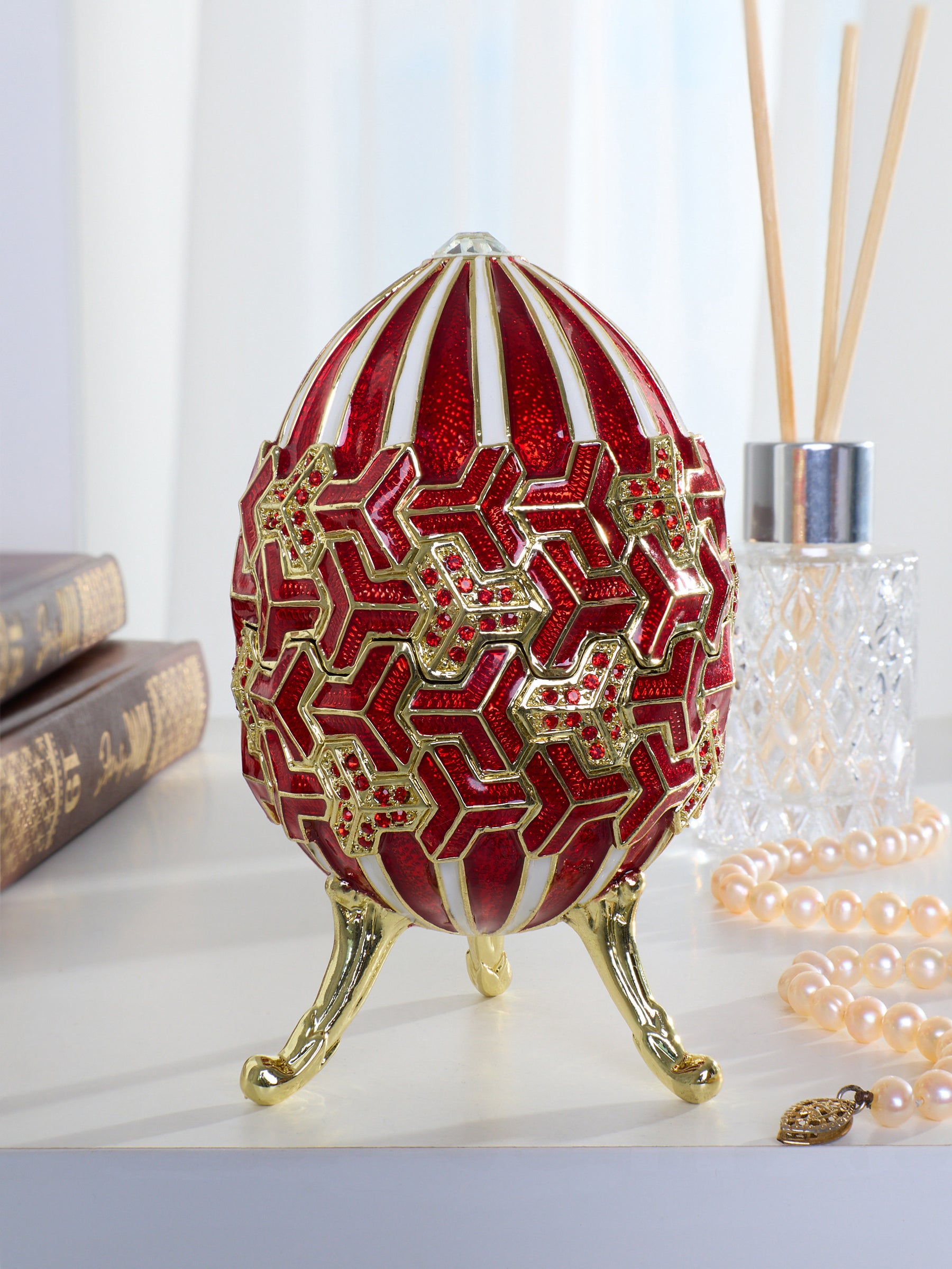Red & Gold Geometric Egg Musical Trinket Box - Swan Lake by Tchaikovsky