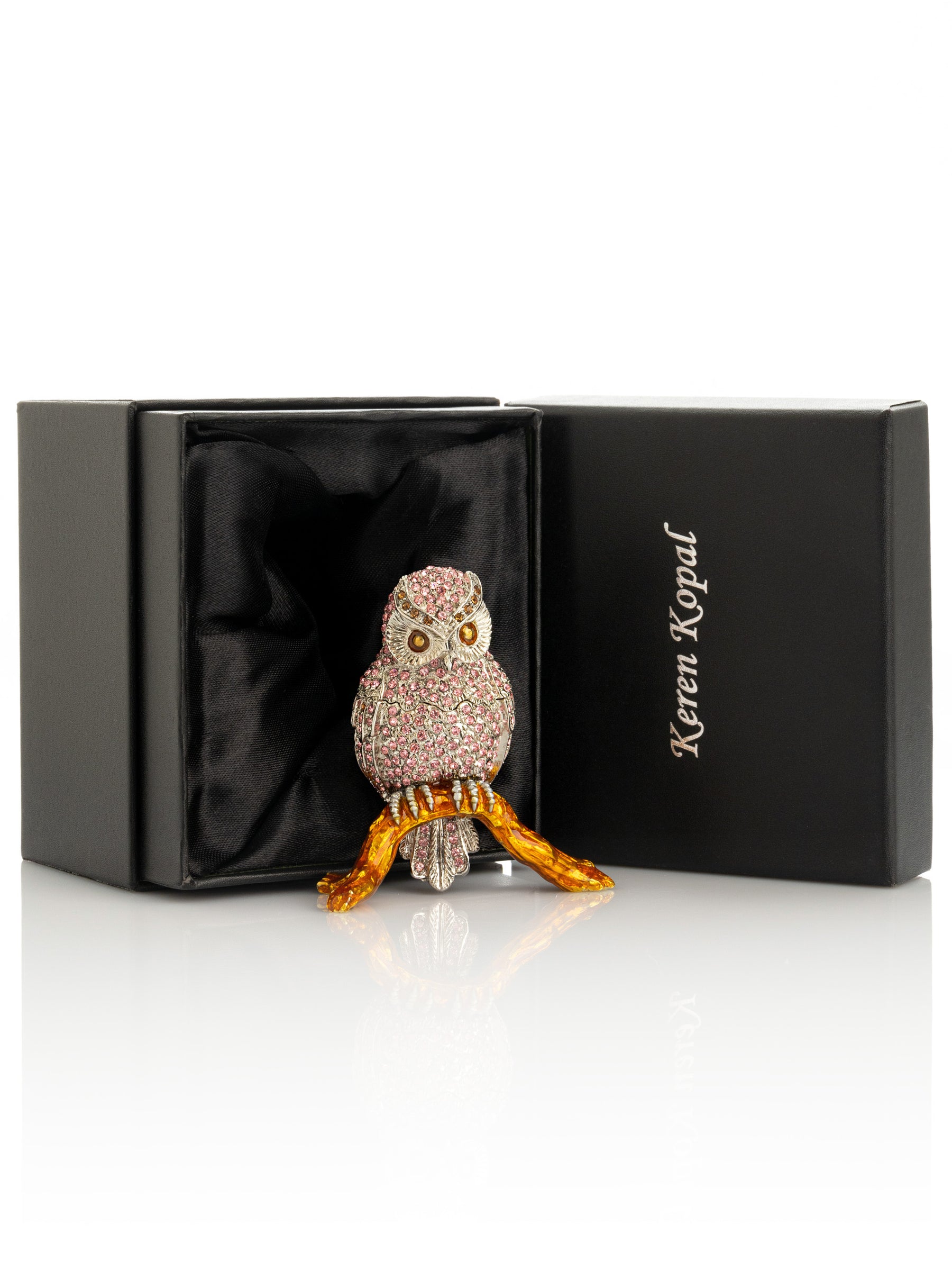 Pink &  Silver Crystal Owl on Amber Tree Branch Trinket Box