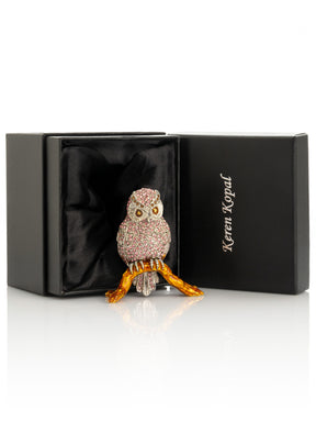 Pink &  Silver Crystal Owl on Amber Tree Branch Trinket Box