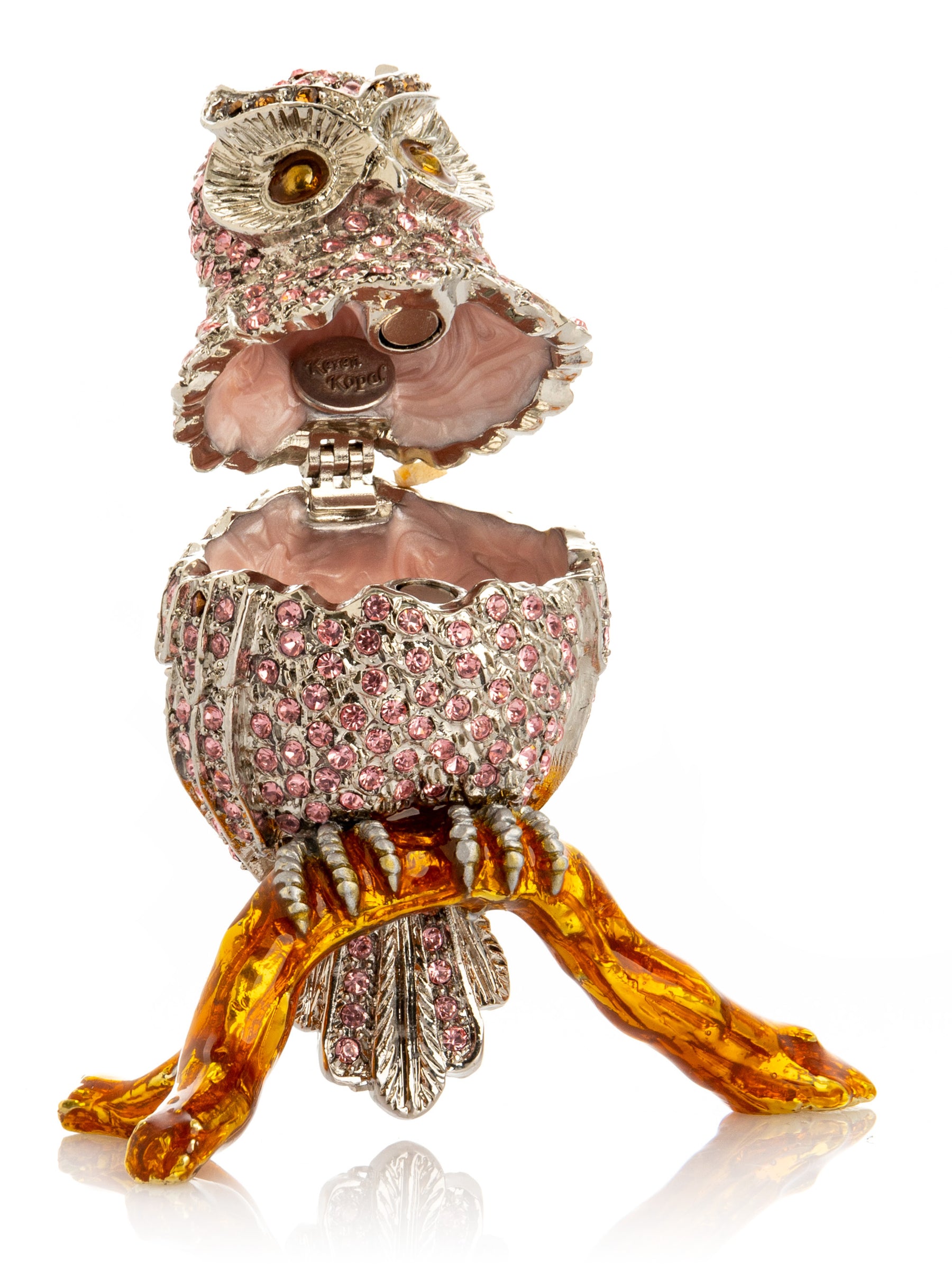Pink &  Silver Crystal Owl on Amber Tree Branch Trinket Box