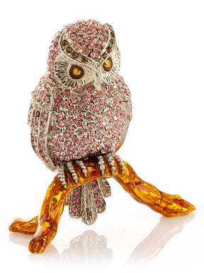Pink &  Silver Crystal Owl on Amber Tree Branch Trinket Box