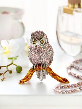 Pink &  Silver Crystal Owl on Amber Tree Branch Trinket Box