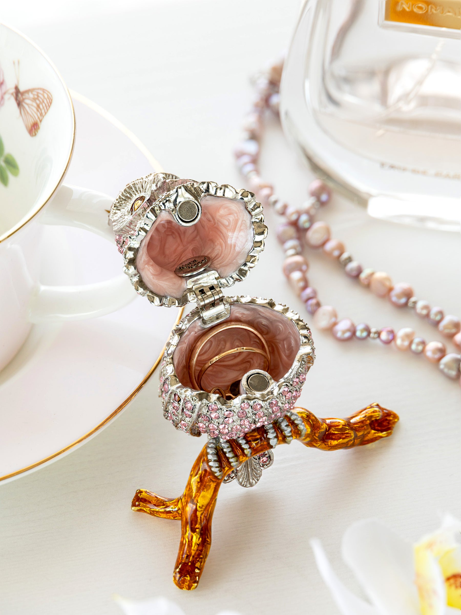Pink &  Silver Crystal Owl on Amber Tree Branch Trinket Box