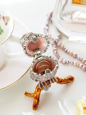 Pink &  Silver Crystal Owl on Amber Tree Branch Trinket Box