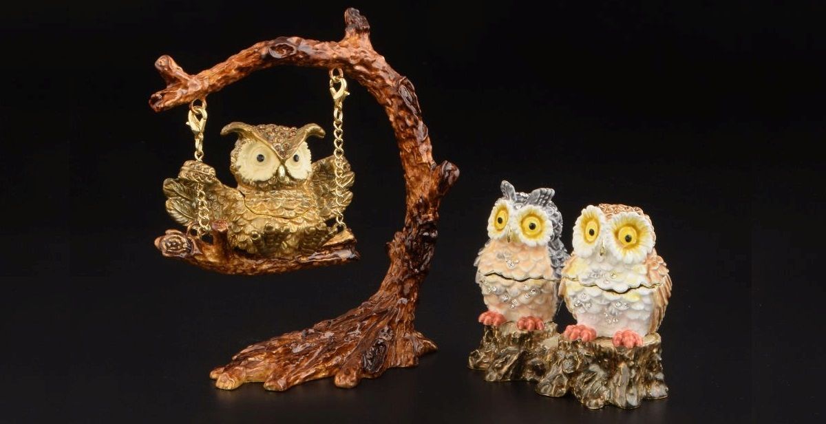 Keren Kopal owl trinket boxes and owl on a swing figurine