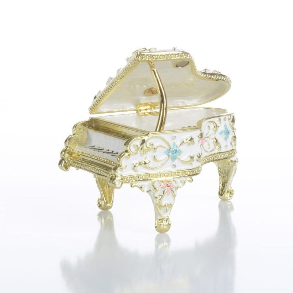 White Grand Piano Trinket Box decorated with flowers