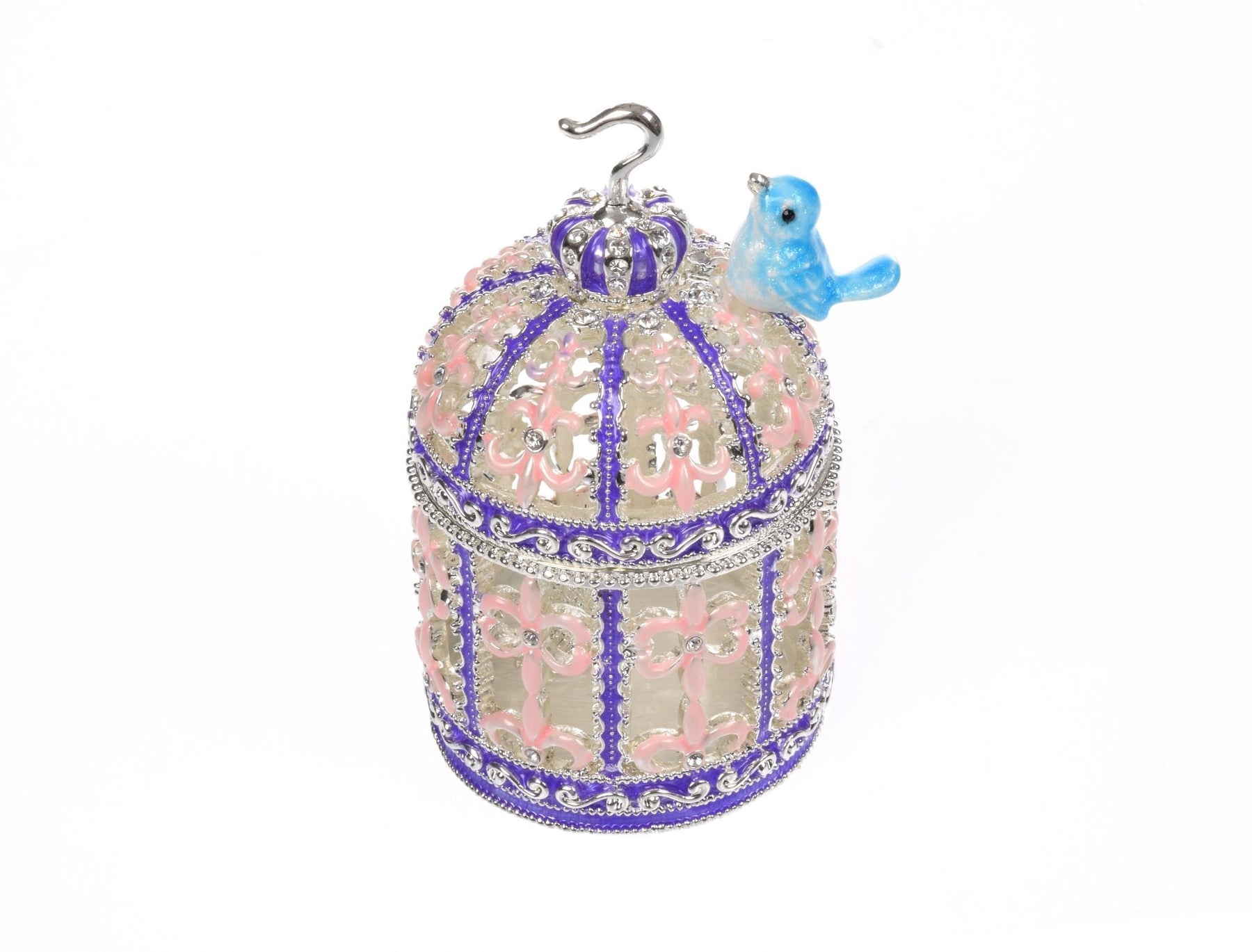 Light Blue Bird on top top of a purple birdcage Faberge Styled Trinket Box