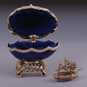 Keren Kopal Blue & Gold Faberge Egg with Sailing Ship Inside  125.00